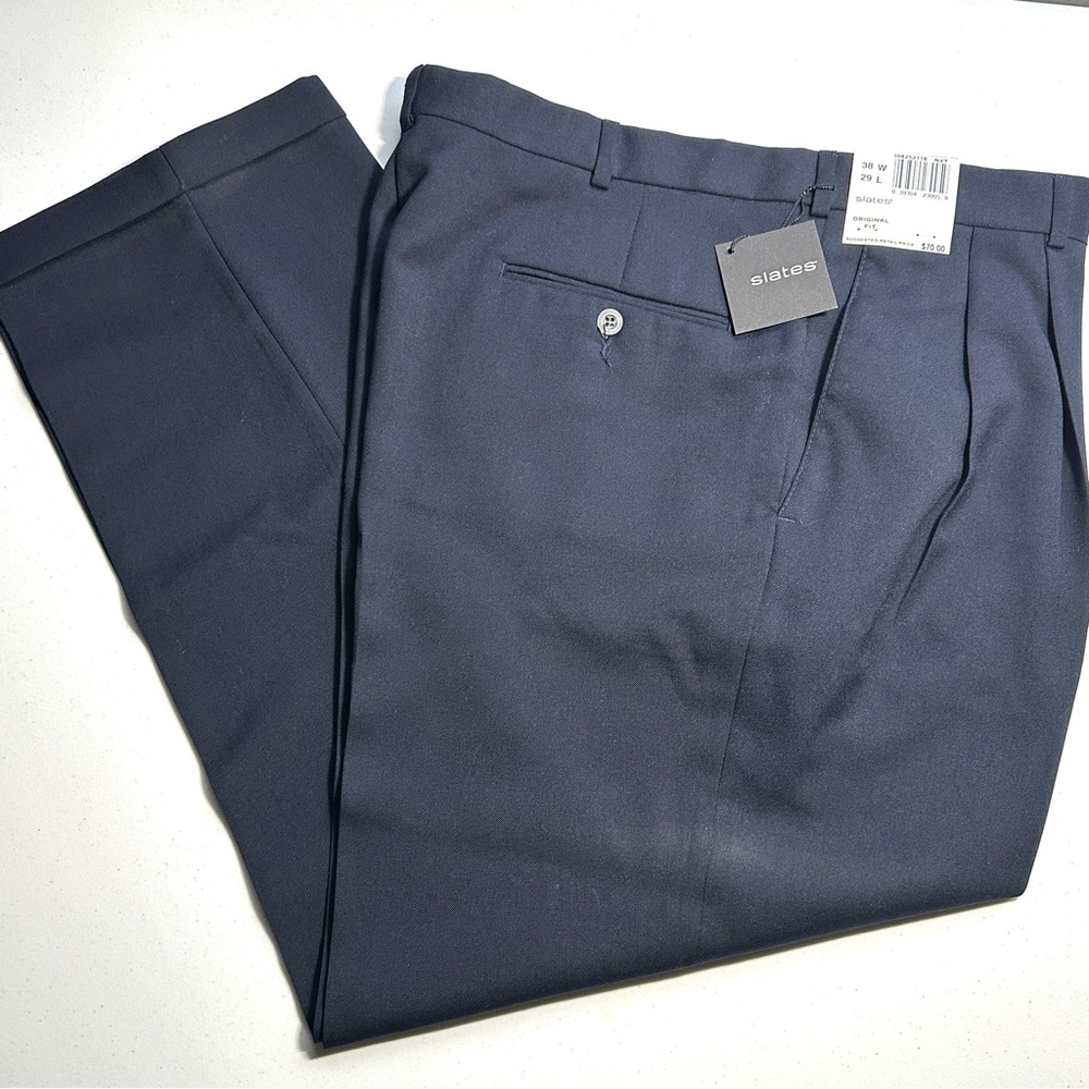 NWT Slates by Levi's Men's Navy Pleated Dress Slacks Pants Size 38W 29L